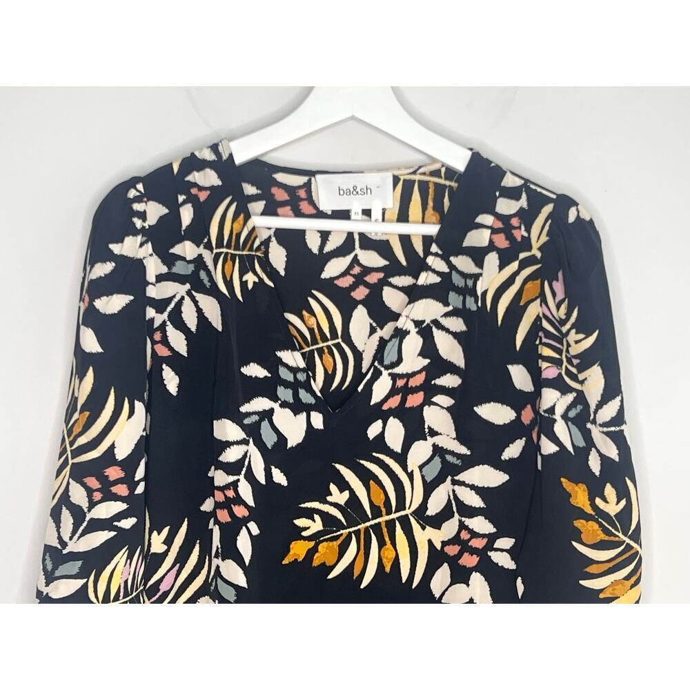 Ba&sh Cross 3/4 Sleeve V-Neck Blouse Black W/ Multicolored Leaf Print XS / US 2 - Picture 3 of 10